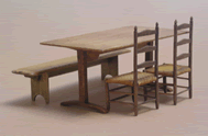Miniature Classic Shaker Trestle Table with #61C Chairs and #62 Meeting House Bench