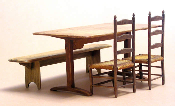 Classic Shaker Trestle Table with 2 #61 Shaker chairs and a Meeting House Bench.